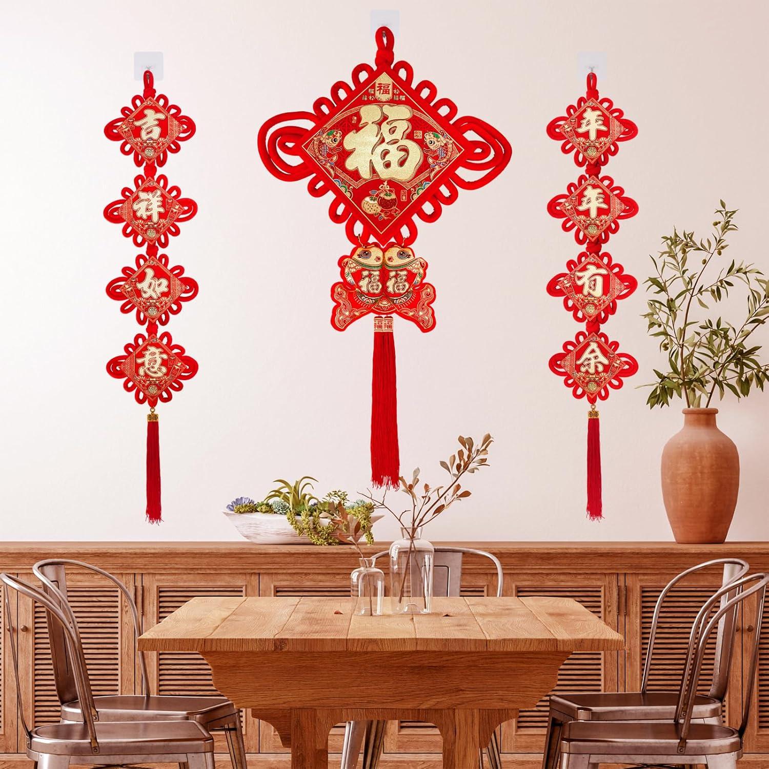 imageWinlyn 27 Pcs Chinese New Year Decorations Fu Red Knot Tassel Hanging Oriental Lucky Ornaments Spring Wall Ornaments Red Good Luck Tree Ornaments for Asian Lunar New Year 2025 Snake Year Party Decor