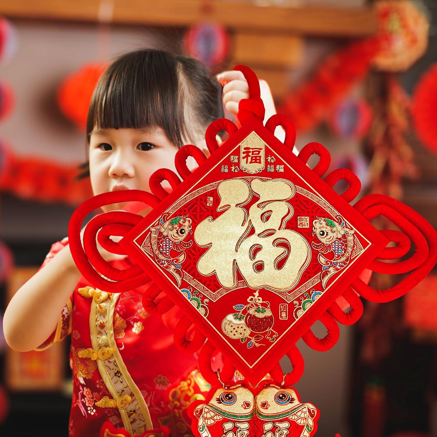 imageWinlyn 27 Pcs Chinese New Year Decorations Fu Red Knot Tassel Hanging Oriental Lucky Ornaments Spring Wall Ornaments Red Good Luck Tree Ornaments for Asian Lunar New Year 2025 Snake Year Party Decor