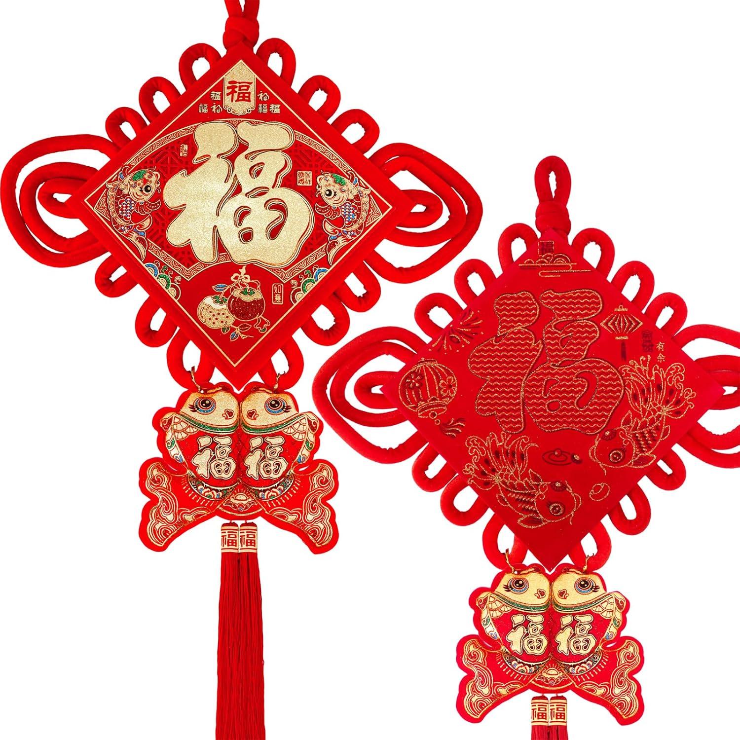imageWinlyn 27 Pcs Chinese New Year Decorations Fu Red Knot Tassel Hanging Oriental Lucky Ornaments Spring Wall Ornaments Red Good Luck Tree Ornaments for Asian Lunar New Year 2025 Snake Year Party Decor