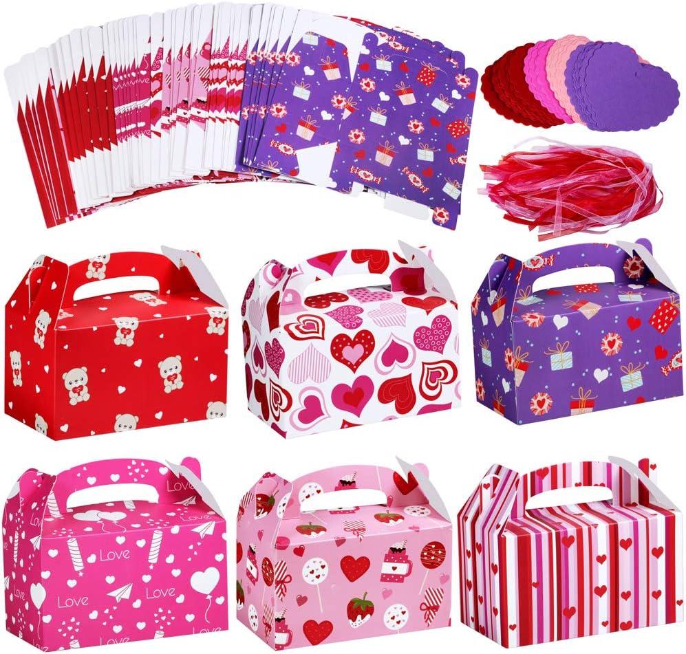 imageWinlyn 48 Set Valentines Day Treat Boxes Hearts Prints Boxes Cookie Boxes Goodie Bag Party Favor Boxes Container Candy Box with Heart Tags Bulk for Kids Girls School Classroom Supplies