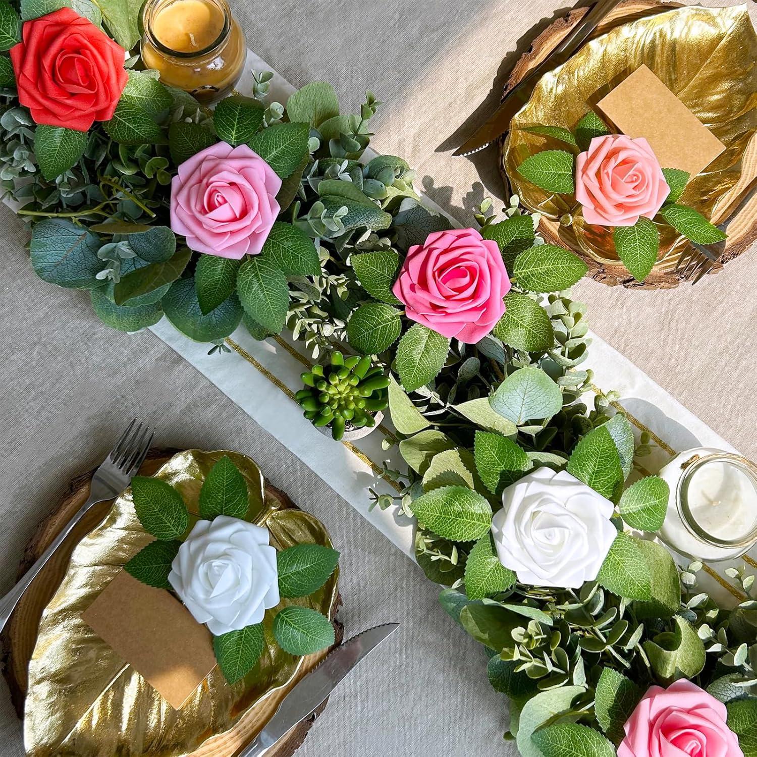 imageWinlyn 50 pcs Real Touch Blush Pink Roses with Stems ampamp Silk Leaves Bulk Artificial Flowers for Weddings Centerpieces Floral Arrangements Party Decorations Baby Showers Birthday Anniversaries CraftsMulti Color