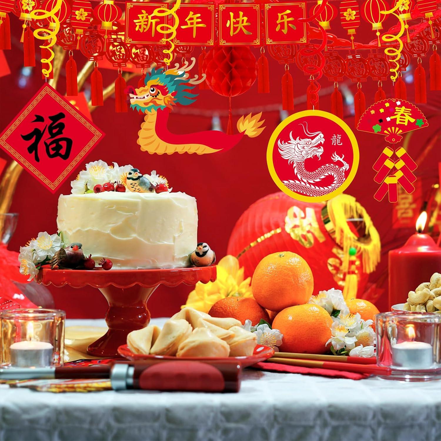 imageWinlyn Bulk Chinese New Year Party Decorations Oriental Hanging Red Lanterns Lucky Garland Party Swirls New Year Banner Honeycomb Balls for Asian Lunar New Year Snake Year Festival Wedding 2025 Decor