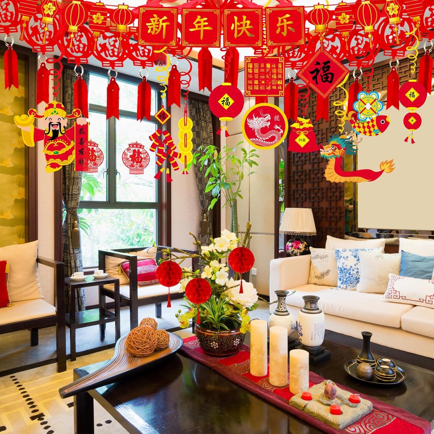 imageWinlyn Bulk Chinese New Year Party Decorations Oriental Hanging Red Lanterns Lucky Garland Party Swirls New Year Banner Honeycomb Balls for Asian Lunar New Year Snake Year Festival Wedding 2025 Decor