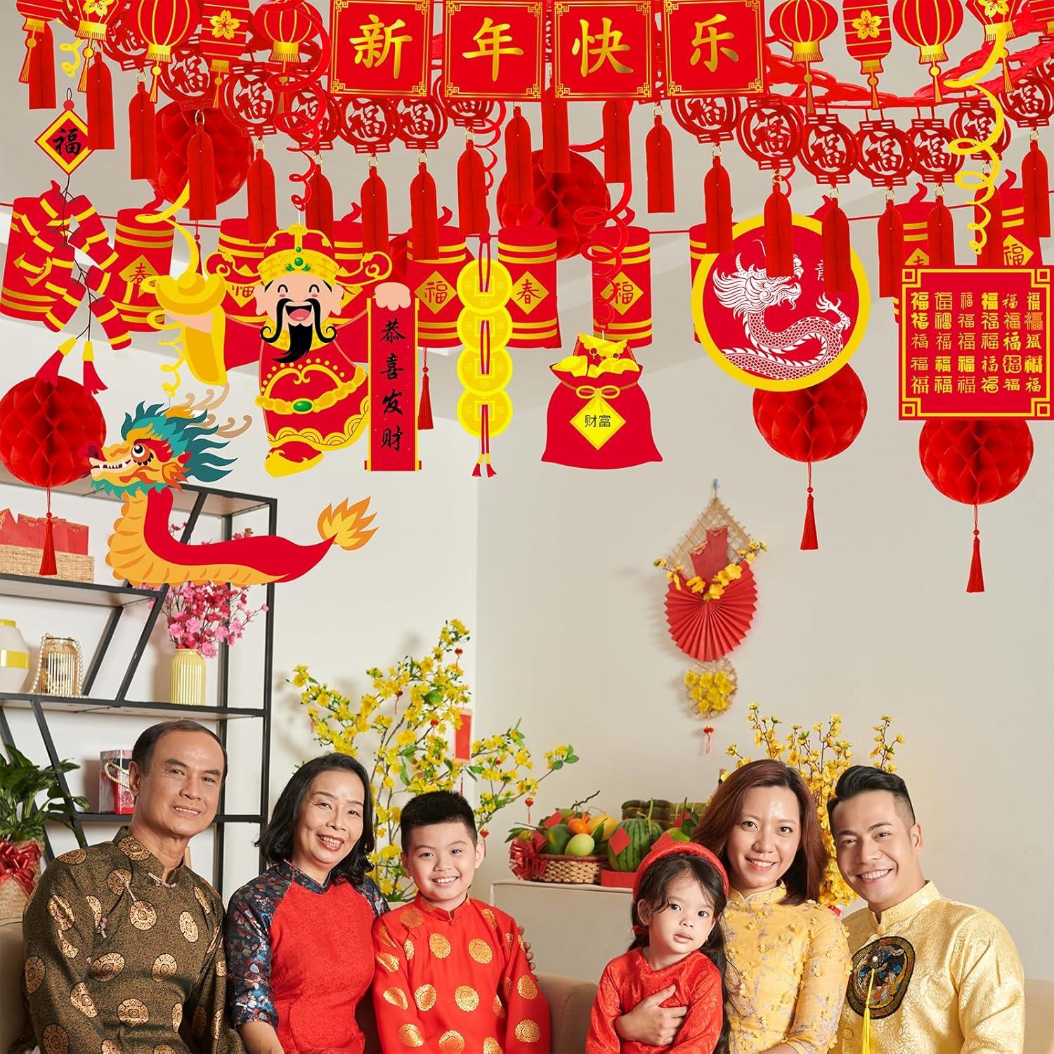 imageWinlyn Chinese Lunar New Year Party Decorations Oriental Red Lanterns Good Luck Garlands Hanging Festive Ornaments Party Swirls New Year Banner Honeycomb Balls for Asian Snake Year Wedding 2025 Decor