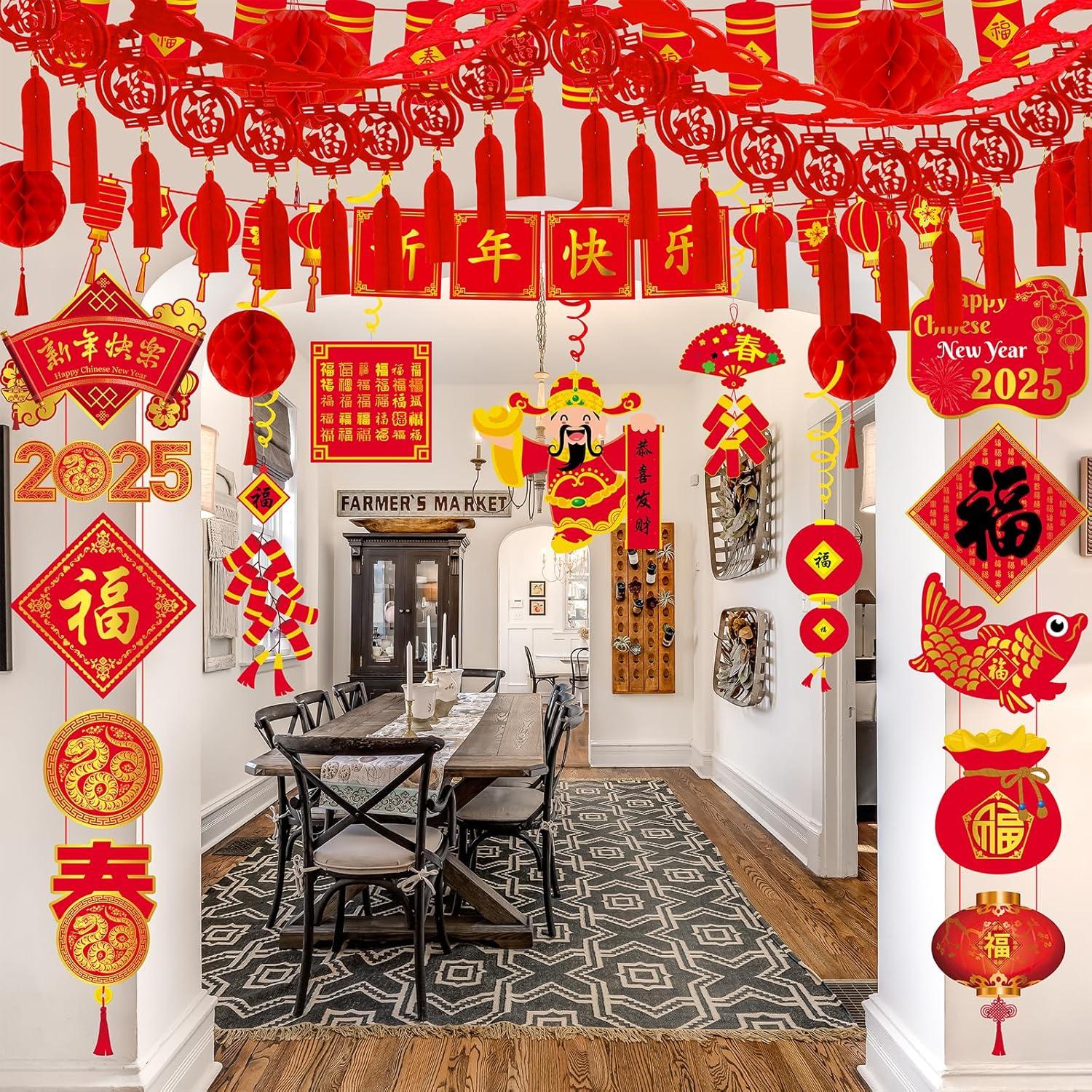 imageWinlyn Chinese Lunar New Year Party Decorations Oriental Red Lanterns Good Luck Garlands Hanging Festive Ornaments Party Swirls New Year Banner Honeycomb Balls for Asian Snake Year Wedding 2025 Decor