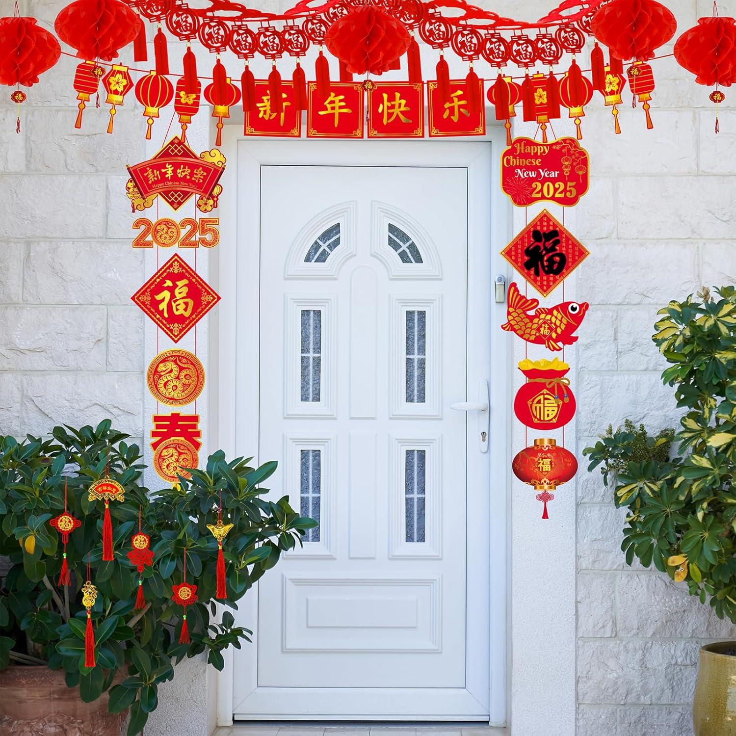 imageWinlyn Chinese Lunar New Year Party Decorations Oriental Red Lanterns Good Luck Garlands Hanging Festive Ornaments Party Swirls New Year Banner Honeycomb Balls for Asian Snake Year Wedding 2025 Decor