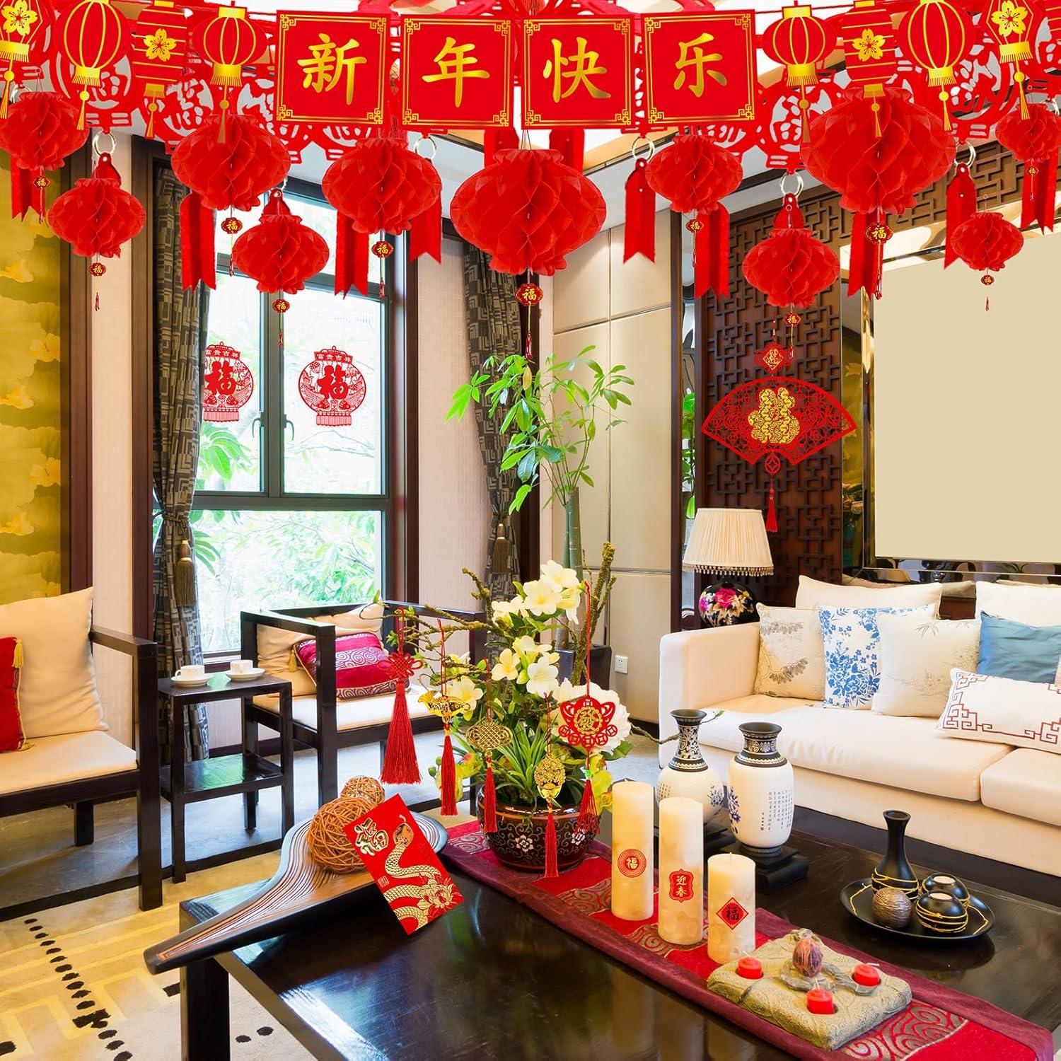 imageWinlyn Chinese Lunar New Year Party Decorations Red Lanterns Hanging Good Luck Ornaments Hong Bao Coins Oriental Luck Garland Chinese Paper Cutting for Asian 2025 Snake Year Festival Wedding Decor