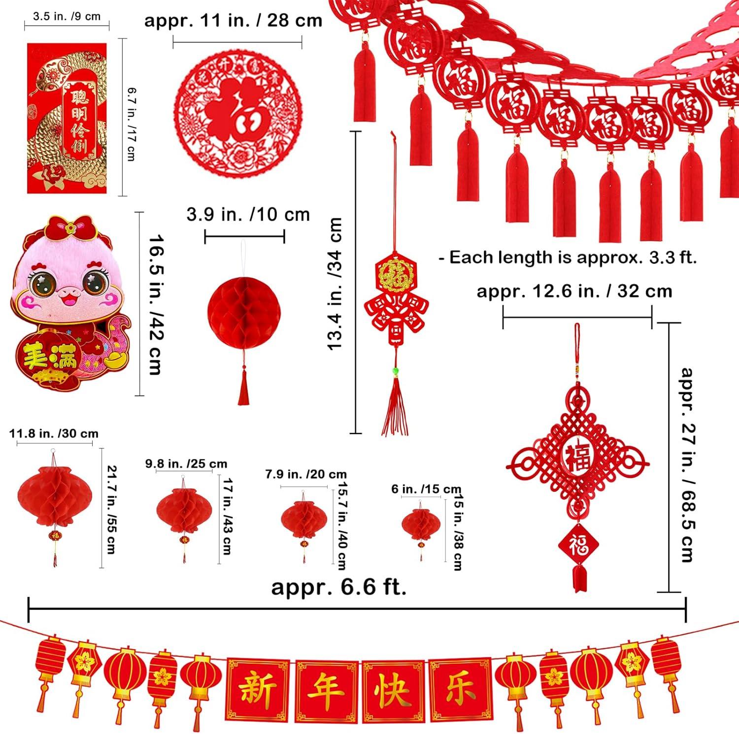 imageWinlyn Chinese New Year Party Decorations Good Luck Garlands Red Lanterns Hanging 3D Red FU Ornaments Good Luck Tree Ornaments Hong Bao Paper Cutting for Asian Lunar New Year 2025 Snake Year Decor