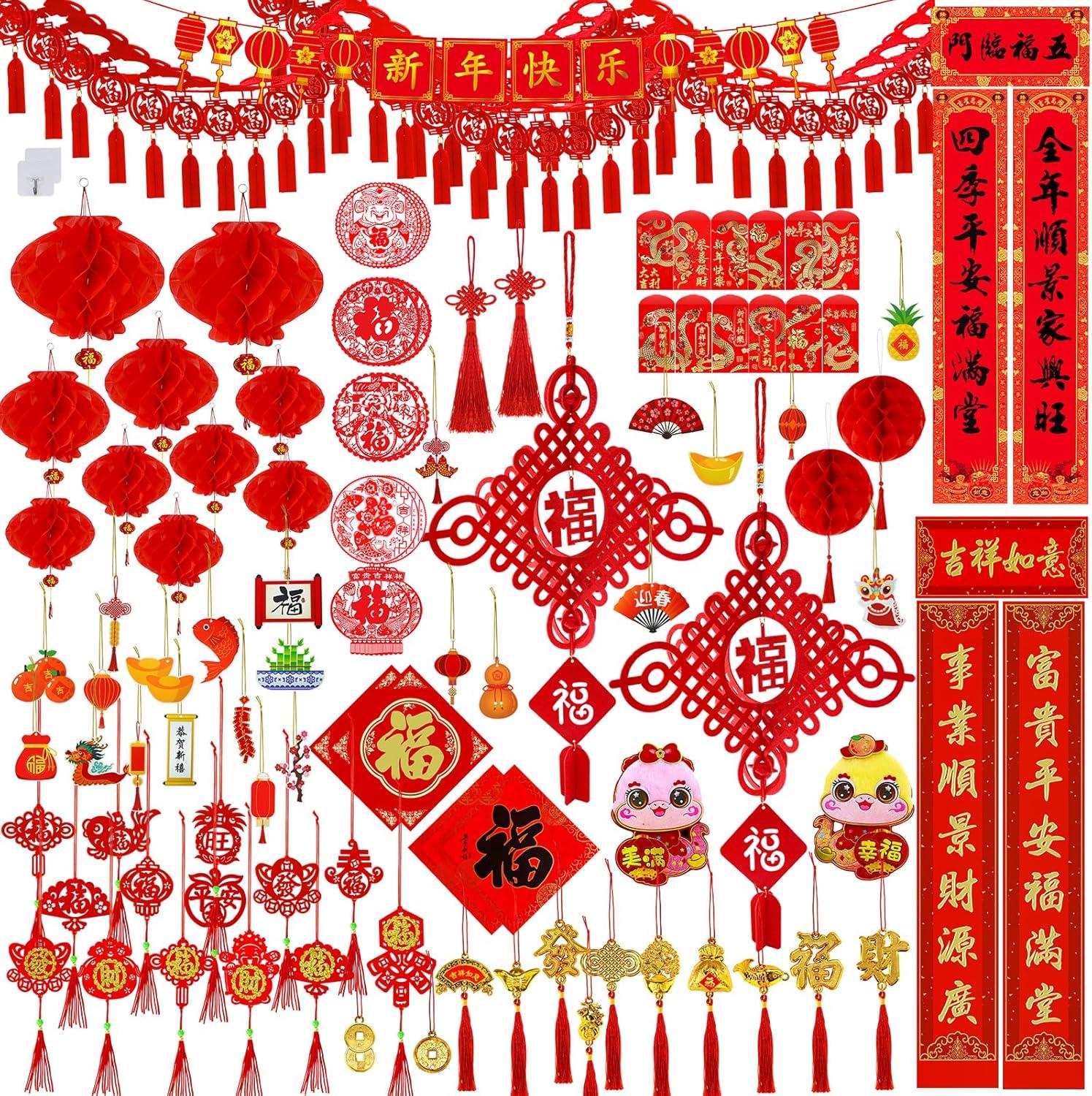 imageWinlyn Chinese New Year Party Decorations Good Luck Garlands Red Lanterns Hanging 3D Red FU Ornaments Good Luck Tree Ornaments Hong Bao Paper Cutting for Asian Lunar New Year 2025 Snake Year Decor