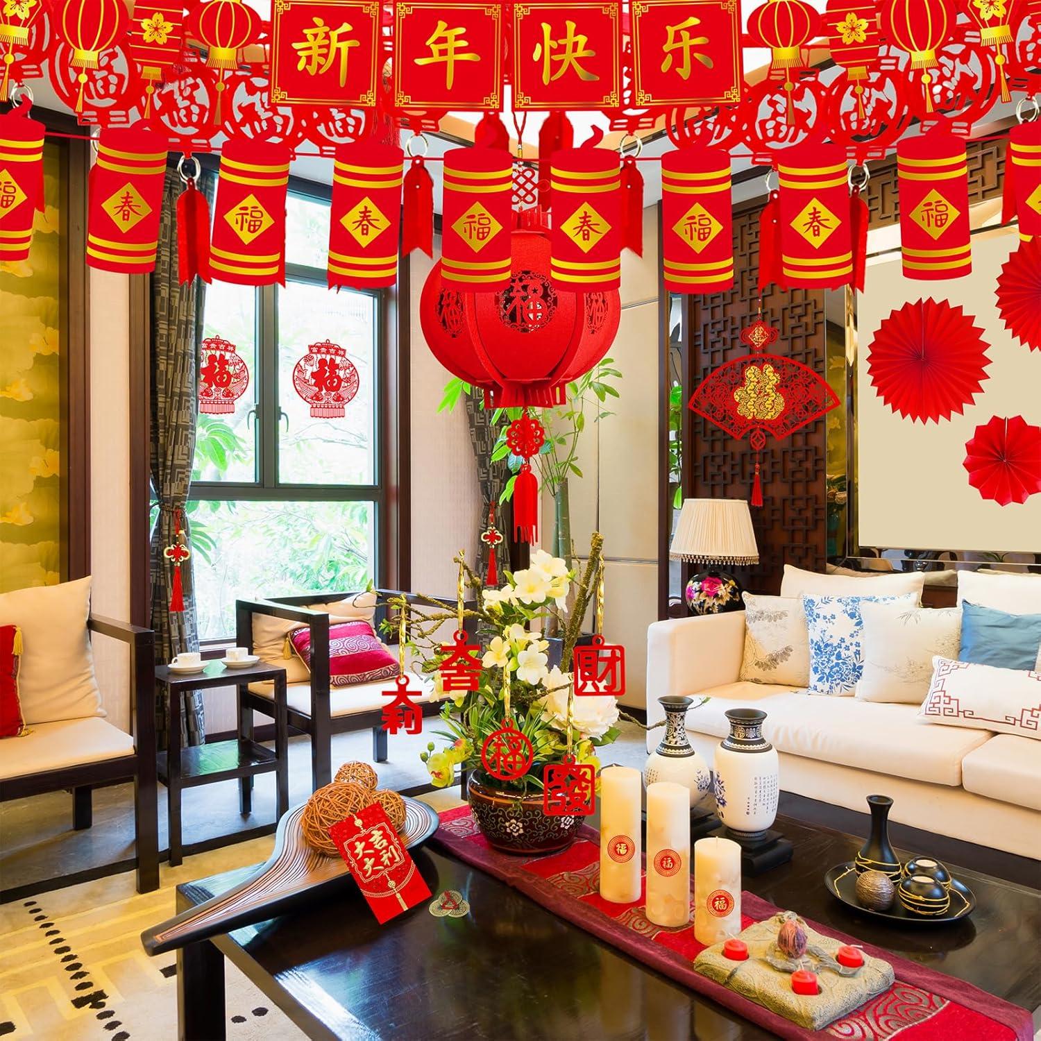 imageWinlyn Chinese New Year Party Decorations Red Lanterns Paper Fans Red Envelopes Hong Bao Coins Oriental Lucky Garland Chinese Knot Tassel FU Character Paper Cutting for Asian Lunar New Year 2025 Decor