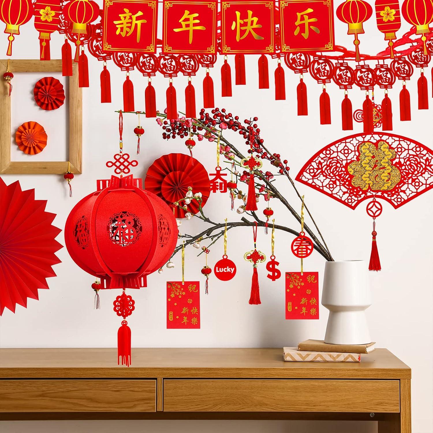 imageWinlyn Chinese New Year Party Decorations Red Lanterns Paper Fans Red Envelopes Hong Bao Coins Oriental Lucky Garland Chinese Knot Tassel FU Character Paper Cutting for Asian Lunar New Year 2025 Decor
