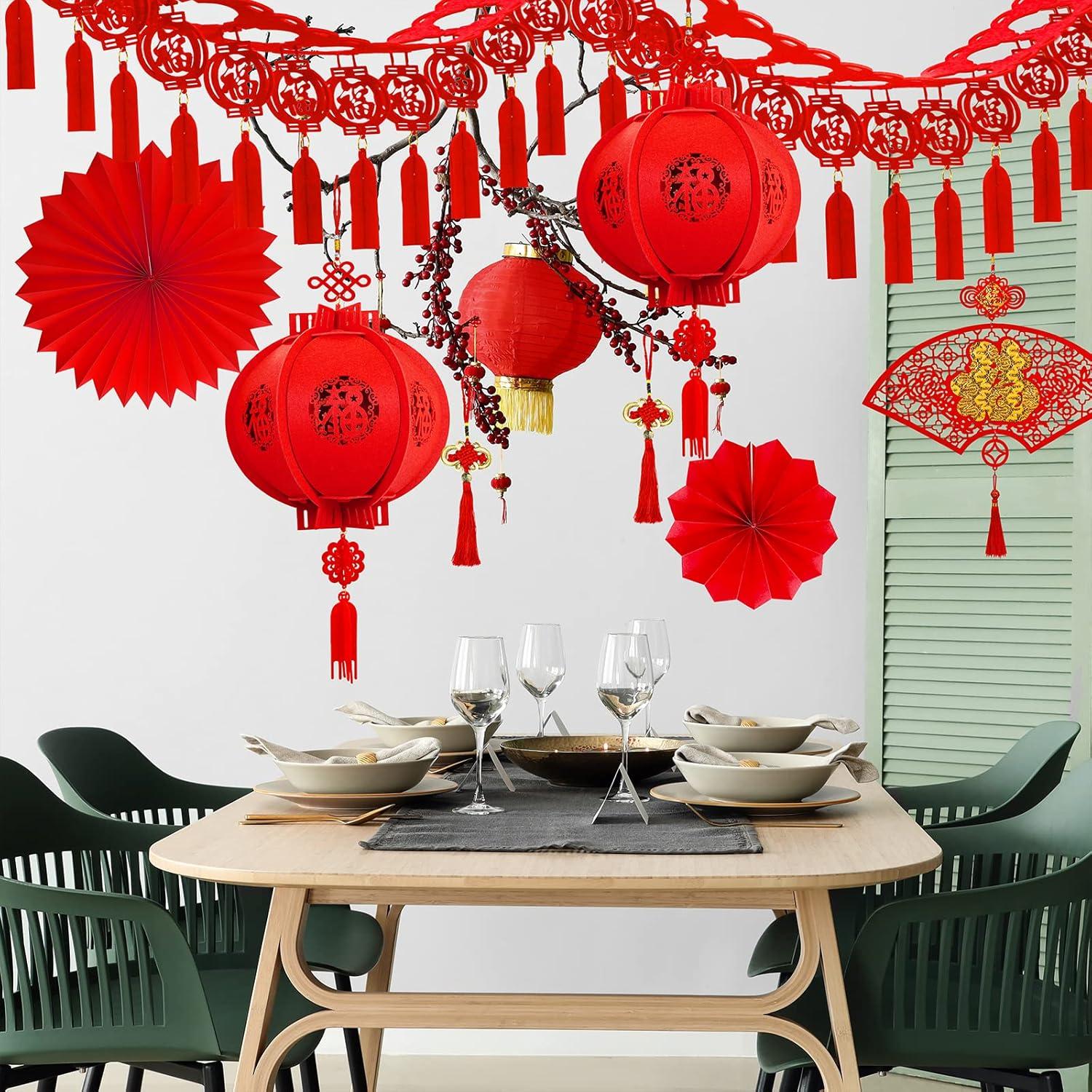 imageWinlyn Chinese New Year Party Decorations Red Lanterns Paper Fans Red Envelopes Hong Bao Coins Oriental Lucky Garland Chinese Knot Tassel FU Character Paper Cutting for Asian Lunar New Year 2025 Decor
