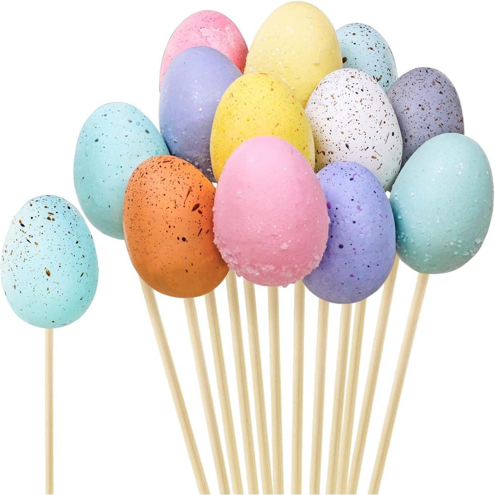 image12 Pcs Easter Picks Faux Foam Easter Egg Picks Decorative Pastel Speckled Easter Egg Stems 106quot Tall for Spring Easter Basket Bouquets Floral Arrangement Centerpiece Wreath