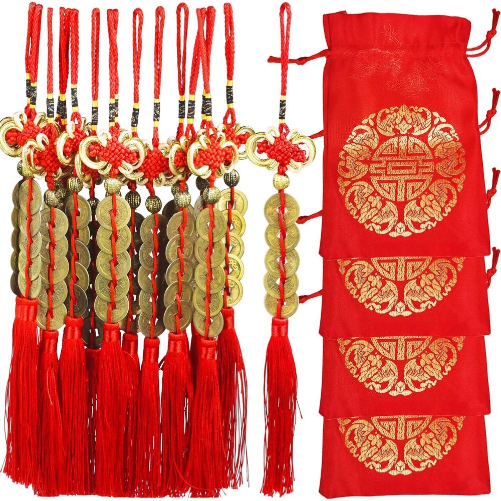 image16 Pcs Chinese Lucky Coins Decorations Feng Shui Coins Ornaments Hanging Good Fortune Coins Ornaments Red Chinese Knot Luck Charm and fu Bags for Wealth Health Success Asian Chinese Lunar New Year