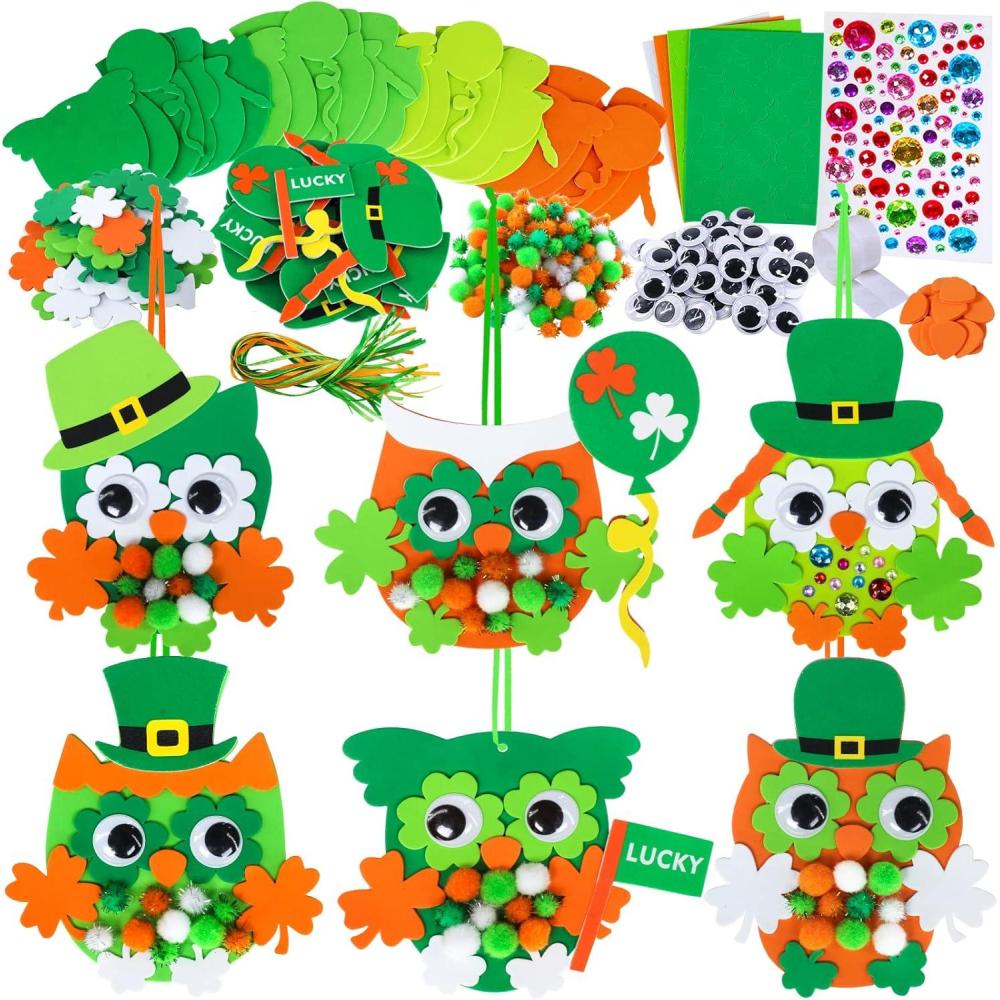 image24 Sets Owl Shamrock Ornaments St Patricks Day Decorations Craft Kits Assorted Owl FourLeaf Clover Lucky Shamrock Foam Stickers Pompoms Google Eye for Kids Classroom Home Activity Gift Art Project
