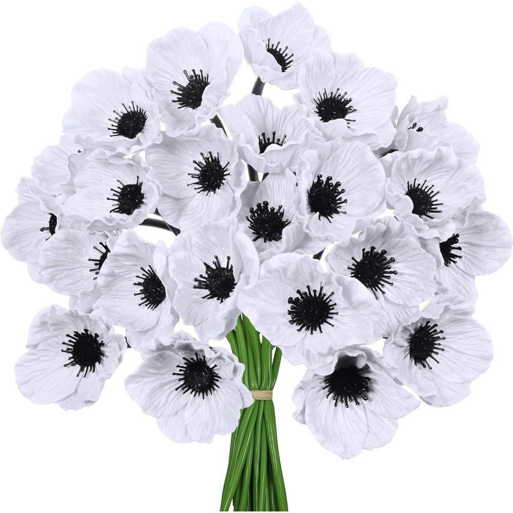 image24 pcs Artificial White Poppy Flower Stems Real Touch Flower Fake Flowers in White with Black Center for Wedding Bouquets Corsages Centerpiece Floral Arrangements