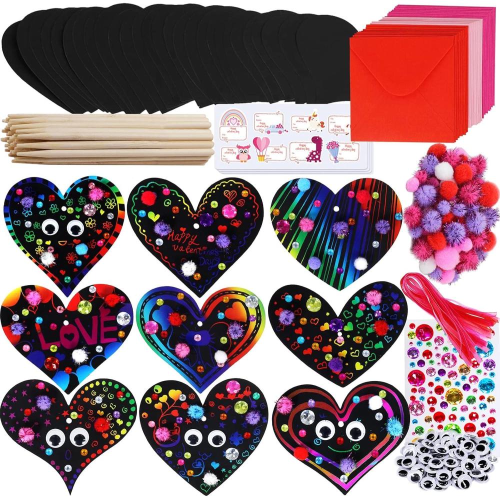 image27 Sets Magic Color Scratch Paper Heart Ornaments Bookmarks Valentine Craft Kits Scratch Paper Heart Cutouts Pompoms Googly Eyes for Kids Activity Art Project Valentine Party Favor Tree Decoration