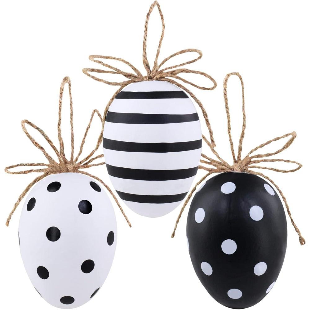 image3 Pcs Assorted Large Foam Easter Egg Ornaments Black ampamp White Striped and Dotted Easter Egg with Jute Bow Hanging Easter Tree Ornaments for Easter Tree Wreath Basket Farmhouse Spring Indoor Decor Gifts