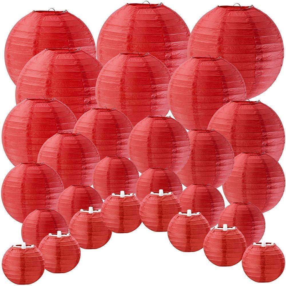 imageSupla 28 Pcs 5 Sizes Chinese New Year Decorative Red Paper Lanterns Hanging Chinese Japanese Lanterns Round Party Lanterns for Spring Festival Holiday Season Decorations