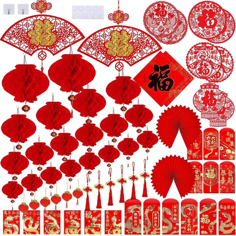 imageSupla 82 Pcs Chinese New Year Decorations Chinese Hanging Good Luck Ornaments Red Lanterns Festive Tree Ornaments Paper Fans for Asian Chinese Lunar New Year 2025 Year of The Snake Party Decor