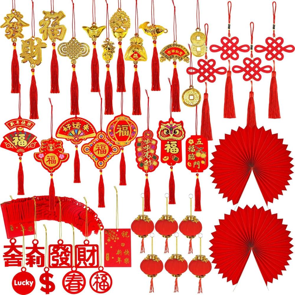 imageWinlyn 106 Pcs Chinese New Year Decorations Hanging Good Luck Ornaments Red Lanterns Festive Tree Ornaments Paper Fans for Asian Lunar New Year 2025 Year of The Snake Party Decor