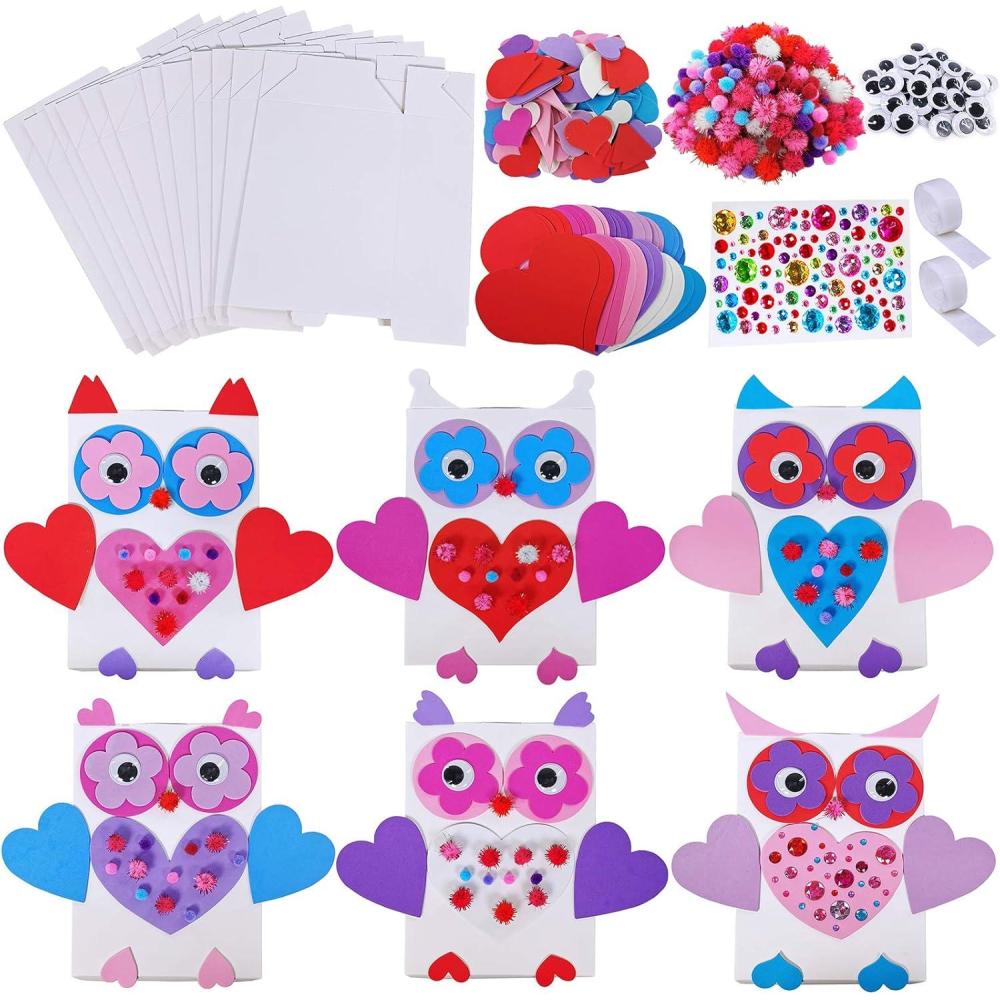 imageWinlyn 12 Sets Bulk Valentines Day Boxes DIY Valentine Owl Mailboxes Cards Holder Boxes Craft Kits White Mailbox with Assorted Heart Cutouts Foam Stickers Pompoms for Kids Classroom Exchange