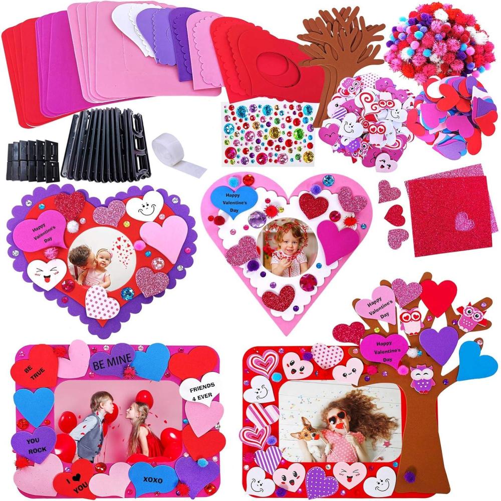 imageWinlyn 12 Sets Heart Picture Frames Decorations Valentine Crafts Kits DIY Heart Frames Art Sets Smile Hearts Foam Valentine Stickers for Kids Valentines Day Party Classroom Activities Gift Exchange