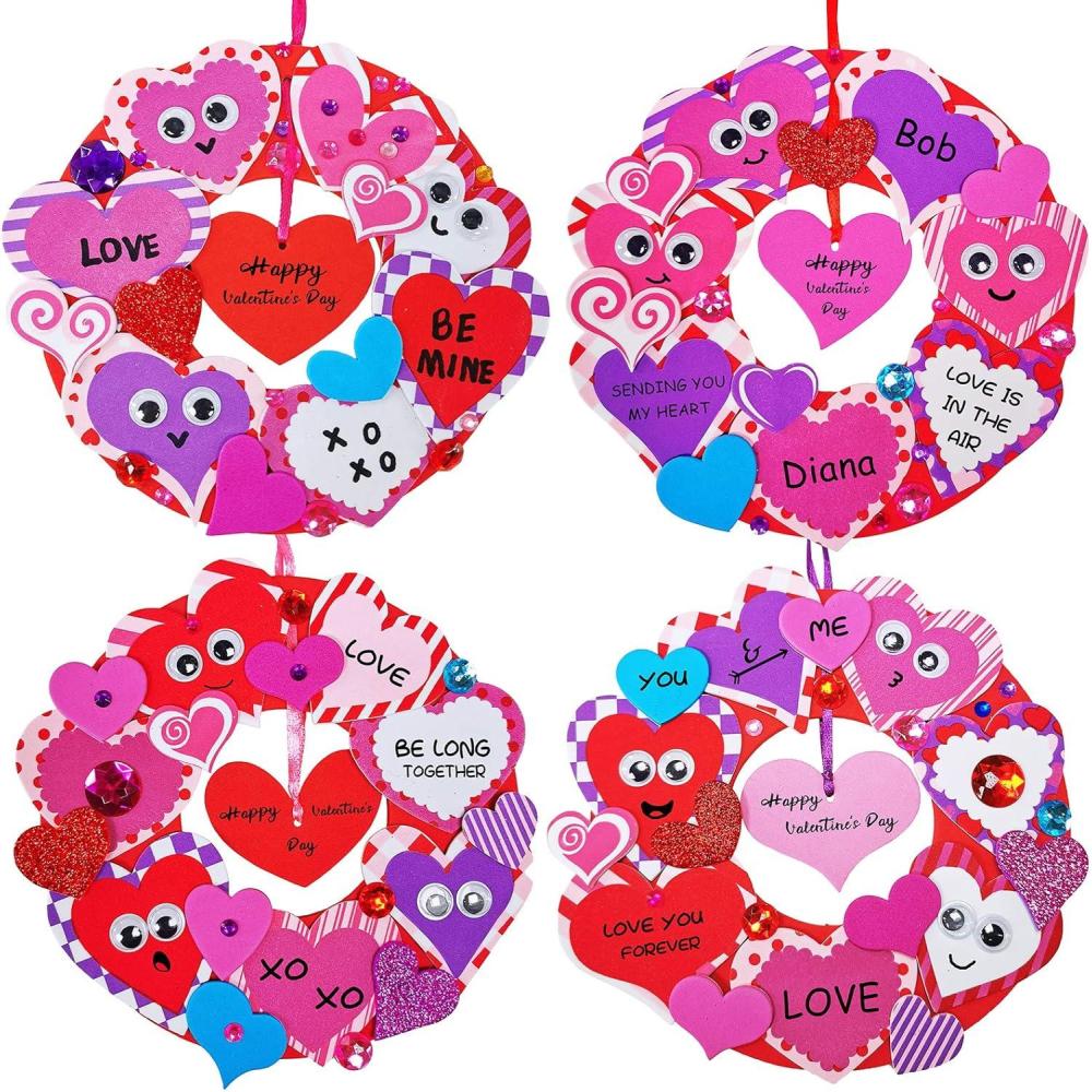 imageWinlyn 12 Sets Heart Wreath Ornaments Decorations Valentine Crafts Kits for Kids Classroom DIY Valentines Day Heart Wreath Assorted Heart Cutouts Foam Stickers Googly Eyes Valentine Gift Exchange