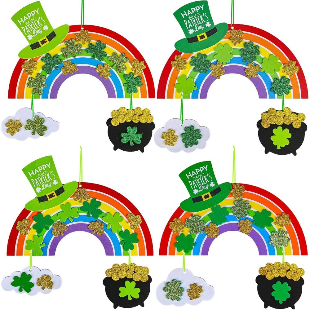 imageWinlyn 12 Sets St Patricks Day Decorations Rainbow Ornaments DIY St Pats Craft Kits Rainbow FourLeaf Clover Irish Lucky Shamrock Foam Stickers for Kids Party Classroom Home Activity Art Project