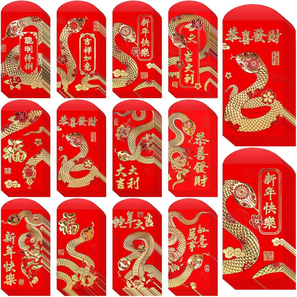 imageWinlyn 120 Pcs 12 Designs Chinese New Year Red Envelopes Bulk Lucky Money Pockets Hong Bao Lai See Red Packets Lucky Cash Envelopes for Asian Vietnamese Chinese Lunar New Year 2025 Year of the Snake