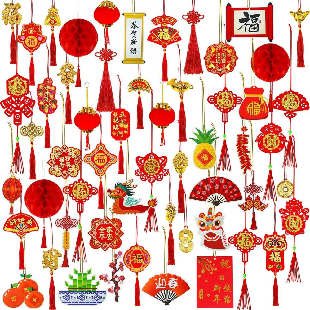 imageWinlyn 128 Pcs Chinese Lunar New Year Hanging Ornaments Red Lanterns Lucky Knot Tassels for Asian Vietnamese TET 2025 Snake Year Party Decorations Festival Tree Good Luck Fortune