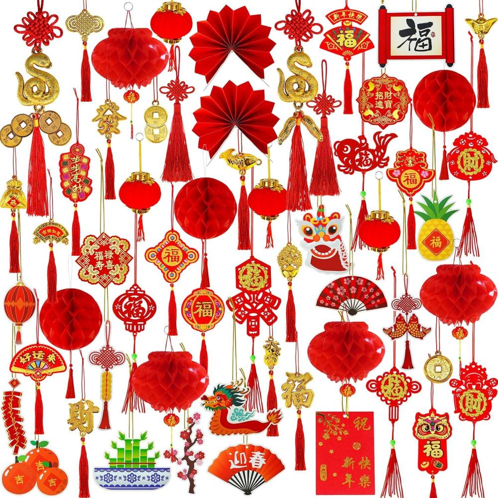 imageWinlyn 153 Pcs Chinese Lunar New Year Decorations Hanging Good Luck Fortune Ornaments Red Lanterns Lucky Knot Tassels Festival Tree Ornaments for Asian Vietnamese TET 2025 Snake New Year Party Decor