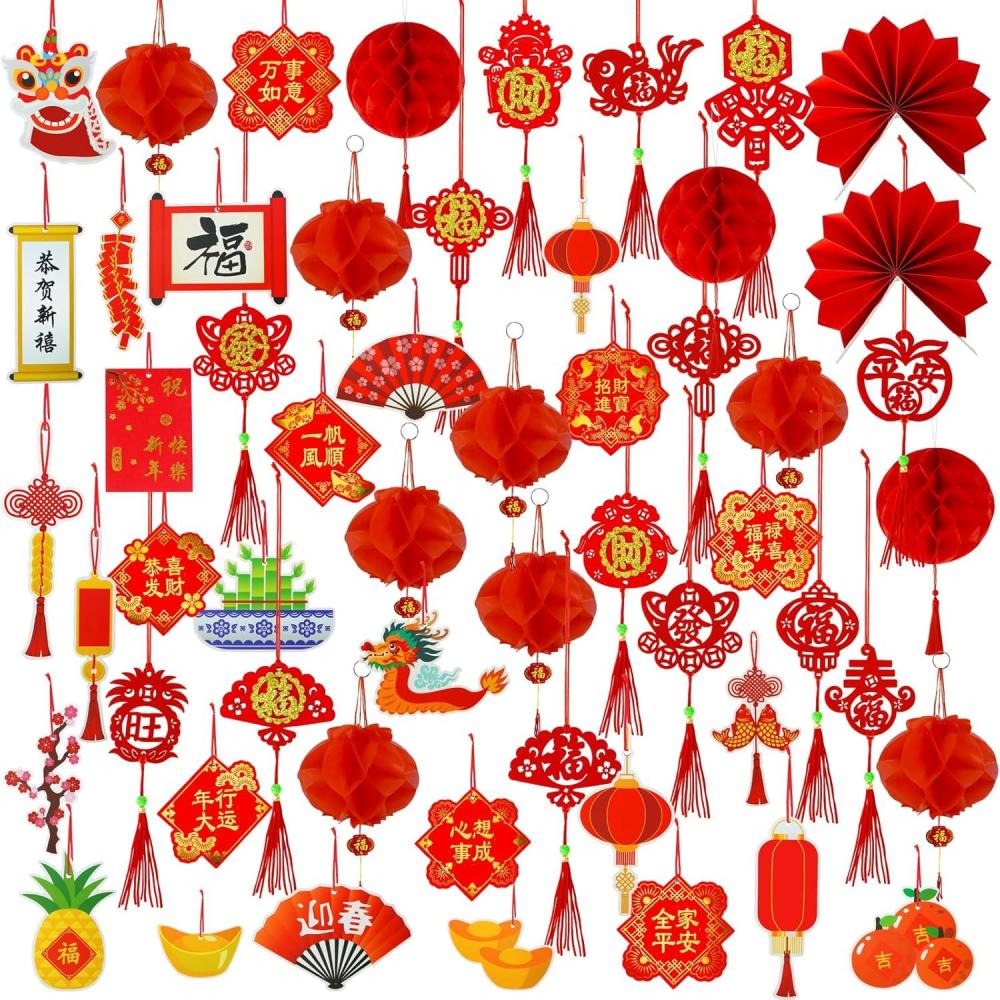 imageWinlyn 161 Pcs Chinese New Year Decorations Hanging Good Luck Ornaments Red Lanterns Festive Tree Ornaments Paper Fans for Asian Lunar New Year 2025 Year of The Snake Party Decor