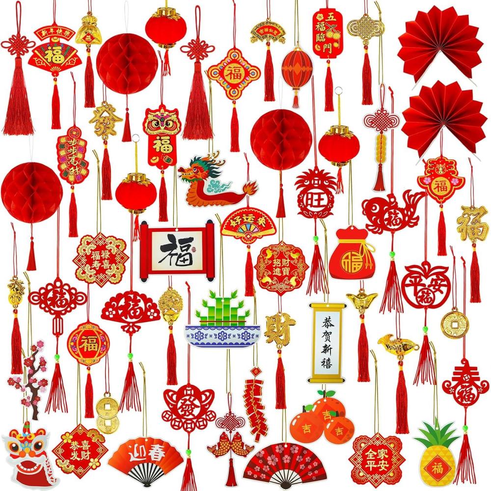 imageWinlyn 166 Pcs Chinese Lunar New Year Ornaments Hanging Good Luck Ornaments Red Lanterns Lucky Knots Tassels Festival Tree Ornaments Paper Fans for Asian New Year 2025 Snake Vietnamese Tet Party Decor