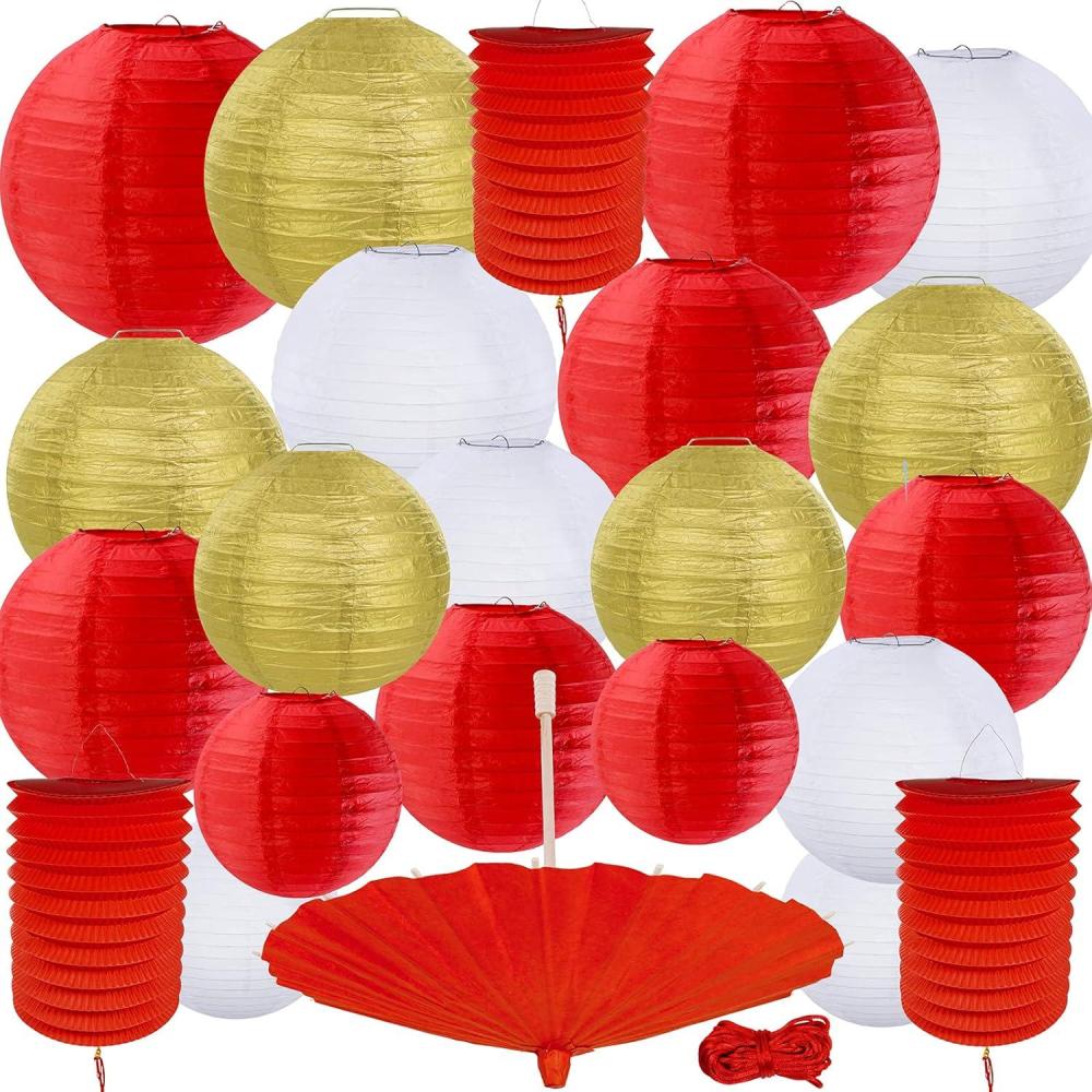imageWinlyn 20 Pcs Asian Chinese New Year Party Decorations Red Gold White Round Paper Lanterns Hanging Party Lanterns Red Accordion Lanterns for Oriental Lunar New Year Festival Wedding Ceiling Decor