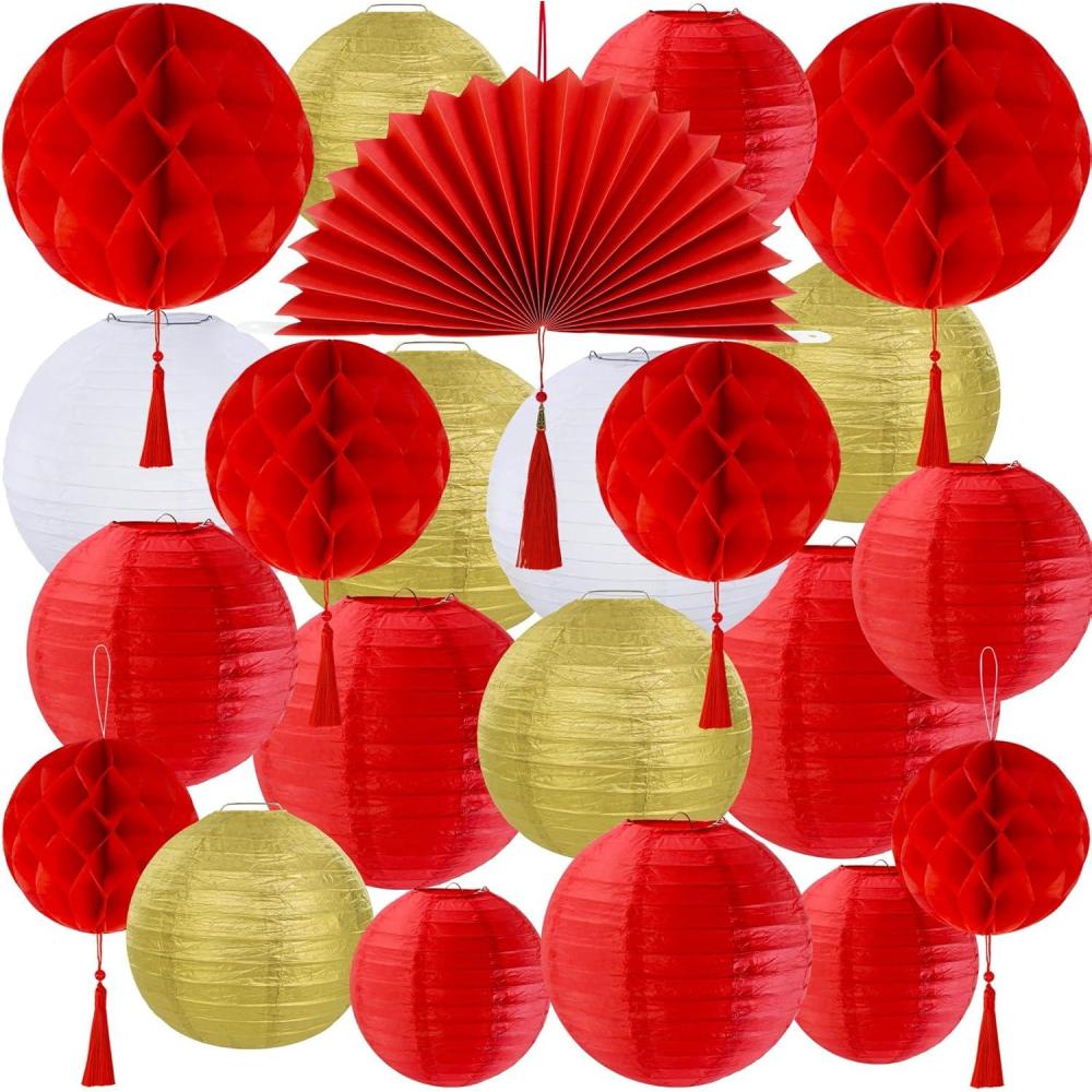 imageWinlyn 22 Pcs Chinese New Year Decorative Red Gold White Round Paper Lanterns Honeycomb Balls Paper Fans Oriental Hanging Party Decorations for Asian Chinese Japanese Lunar New Year Festival Wedding