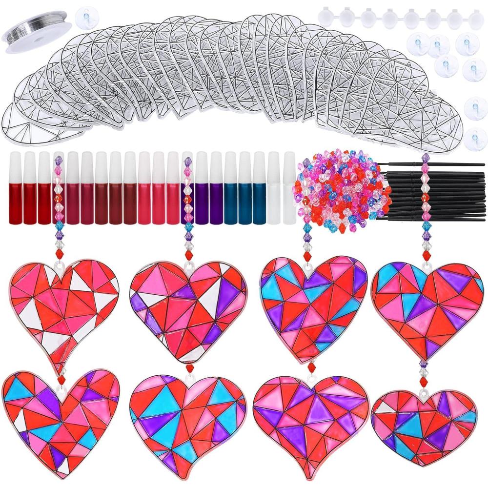 imageWinlyn 24 Sets Heart Suncatchers Ornaments Decorations DIY Window Paint Art Stickers Crafts Heart Sun Catchers Kits for Kids Valentines Day PirateThemed Birthday Activities Party Favors Art Project