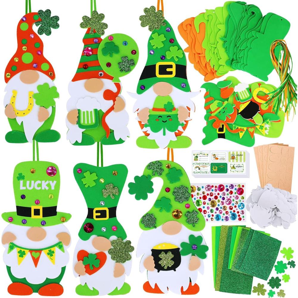 imageWinlyn 24 Sets St Patricks Day Decorations Gnome Shamrock Ornaments DIY St Pats Craft Kits Assorted Lucky FourLeaf Clover Irish Shamrock Foam Stickers for Kids Classroom Home Activity Art Project