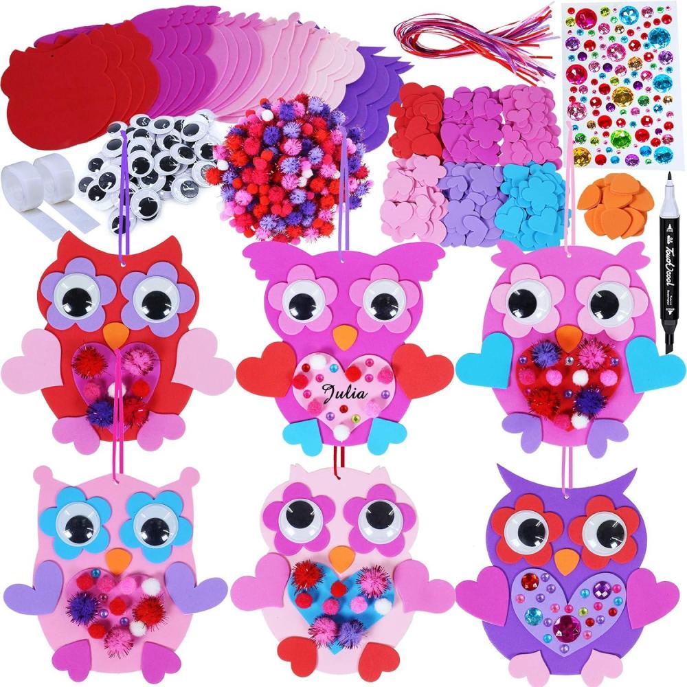 imageWinlyn 24 Sets Valentine Decorations DIY Heart Owl Ornaments Valentine Craft Kit Valentine Owl Art Sets Hearts Foam Valentine Stickers for Kids Valentines Day Party Classroom Activities Gift Exchange