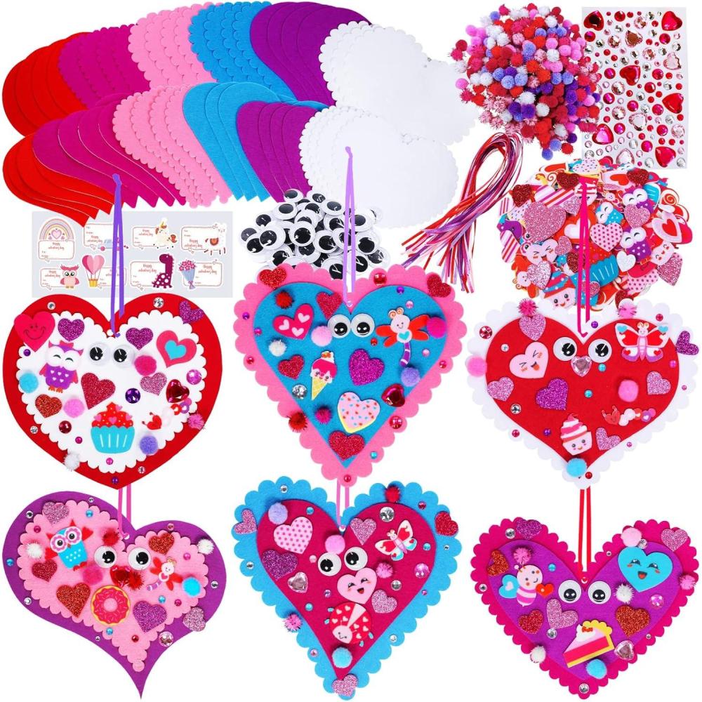 imageWinlyn 24 Sets Valentines Day Heart Ornaments Decorations DIY Felt Heart Valentine Craft Kits Assorted Felt Heart Stickers Googly Eyes for Kids Valentine Gift Exchange Classroom Activity Art Project