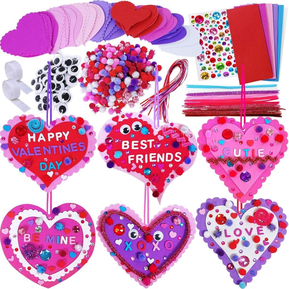imageWinlyn 24 Sets Valentines Day Heart Ornaments Decorations DIY Foam Craft Kits Assorted Shapes Stickers Pompoms Googly Eyes for Kids Classroom Art Activity Gift Exchange