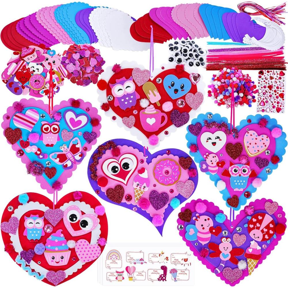 imageWinlyn 24 Sets Valentines Day Heart Ornaments Decorations DIY Heart Ornaments Valentine Craft Kits Assorted Foam Heart Shape Stickers Googly Eyes for Kids Classroom Activity Gift Exchange Art Project