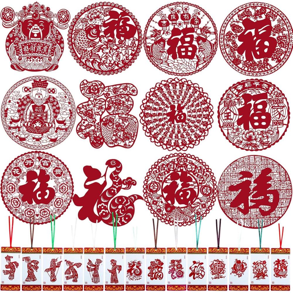 imageWinlyn 26 Pcs Asian Chinese Vietnamese Lunar New Year Window Wall Door Decorations FU Paper Cutting Good Luck Ornaments Festival Lucky Decorations for Oriental New Year 2025 Party Favors Wedding Decor