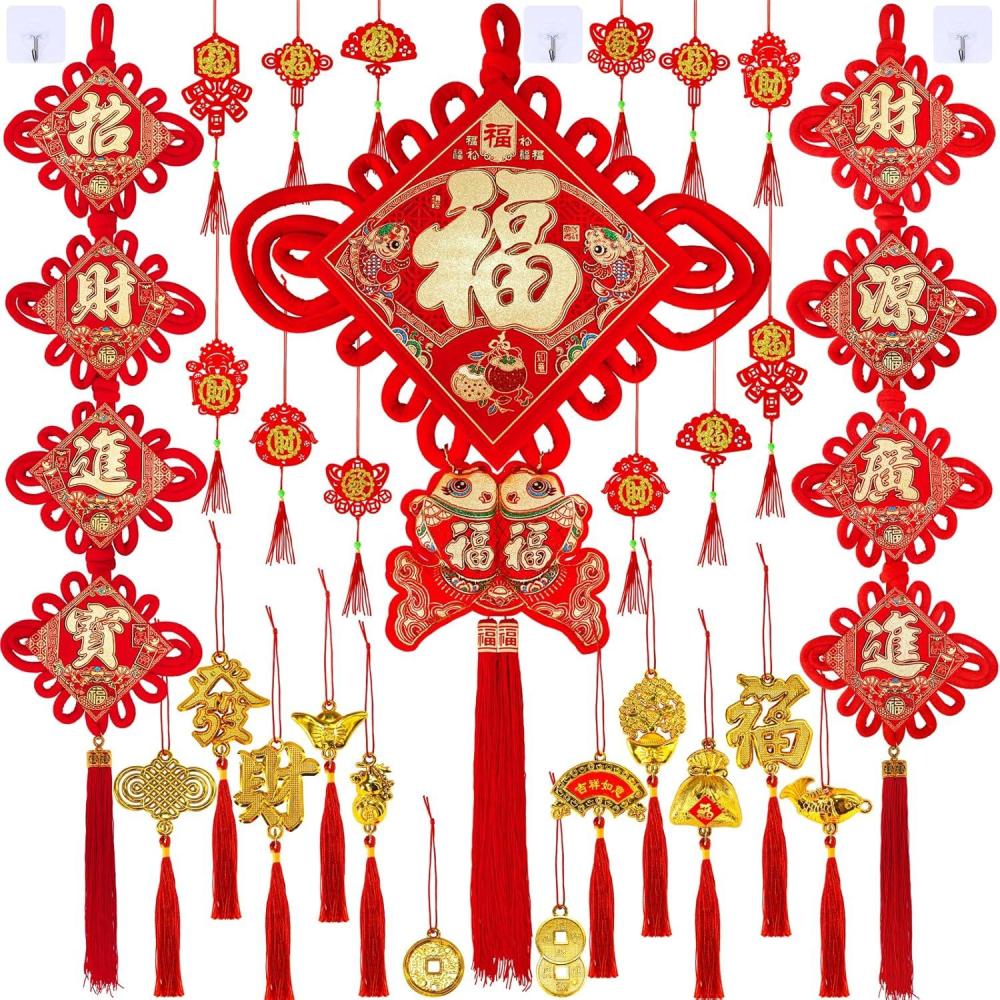imageWinlyn 27 Pcs Chinese New Year Decorations Fu Red Knot Tassel Hanging Oriental Lucky Ornaments Spring Wall Ornaments Red Good Luck Tree Ornaments for Asian Lunar New Year 2025 Snake Year Party Decor