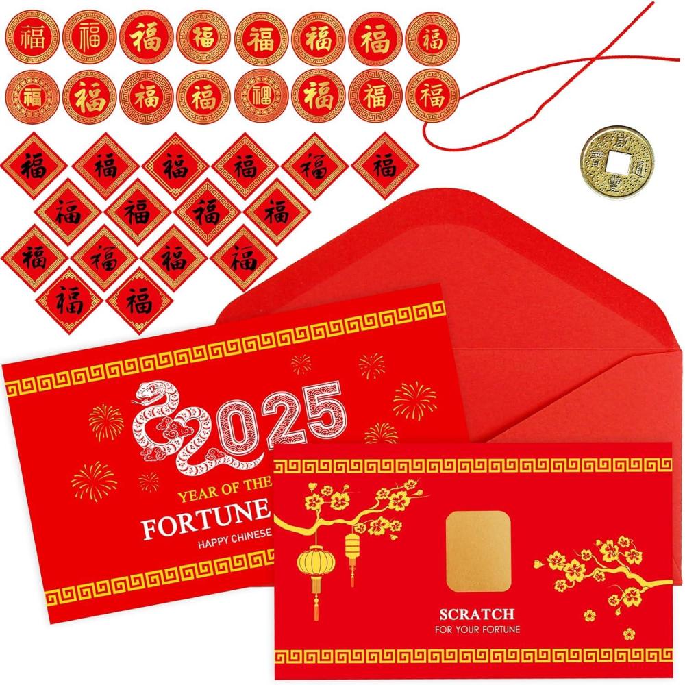 imageWinlyn 28 Sets Chinese New Year Fortune Cards with Red Envelops Chinese Coins Chinese Stickers Scratch Off Fortune Games Gifts for Kids Chinese Lunar New Year Spring Year of The OX 2021 Party