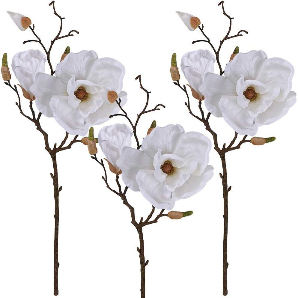 imageWinlyn 3 Pcs Silk Magnolia Flowers with Buds Branch Artificial Magnolia Blooms Wedding Flowers Bouquets Floral Stems in White 19quot Tall for Vase Floral Arrangement Table Centerpiece Home Decor
