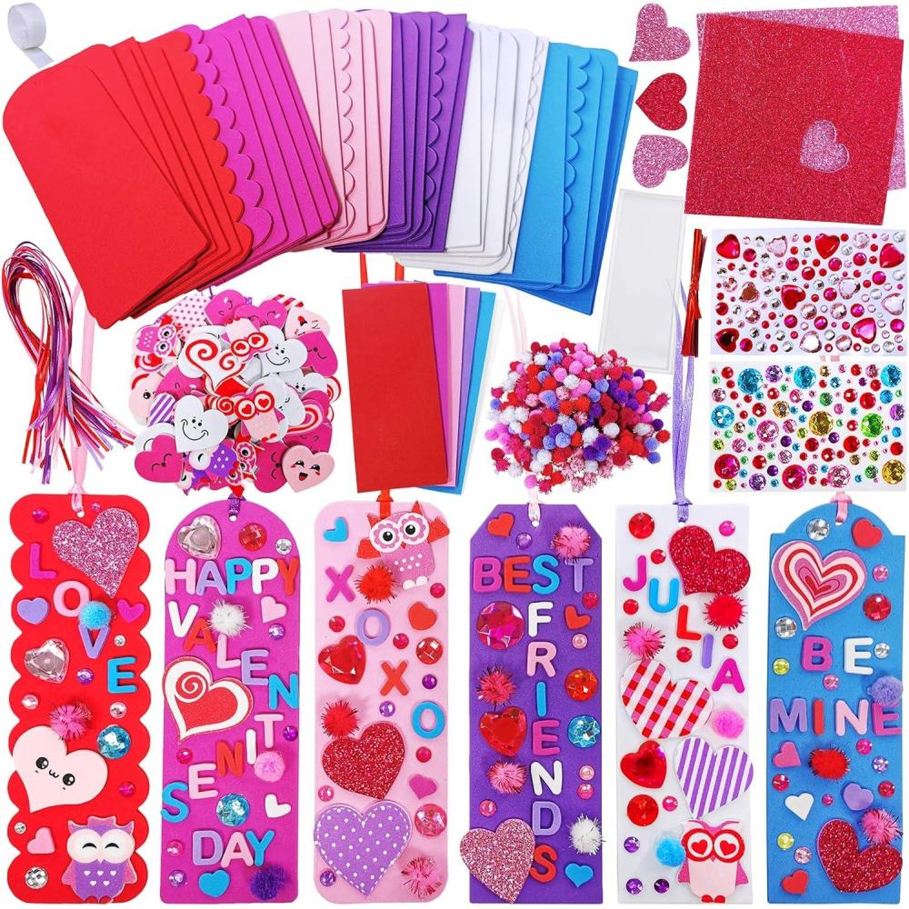 imageWinlyn 36 Sets Valentine Decorations DIY Bookmarks Craft Kit Blank Foam With Smile Face Hearts Owl Alphabets Stickers for Kids Classroom Activity Reading Gift Exchange