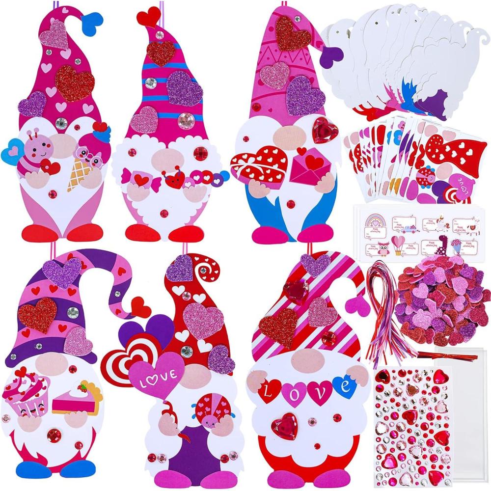 imageWinlyn 36 Sets Valentines Day Gnome Ornaments Decorations DIY Valentine Gnome Craft Kits Assorted Gnome Shaped with Heart Valentine Stickers for Kids Valentine Classroom Activities Gift Exchange