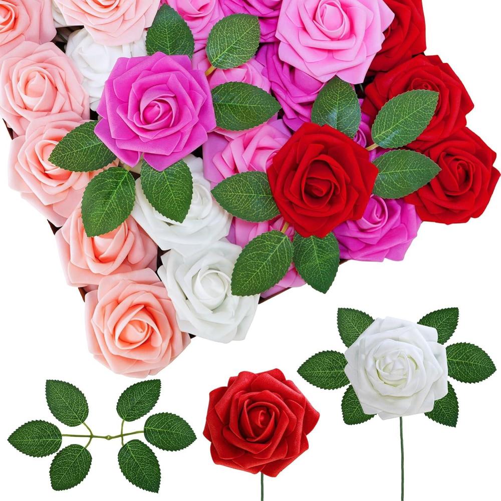 imageWinlyn 50 pcs Real Touch Blush Pink Roses with Stems ampamp Silk Leaves Bulk Artificial Flowers for Weddings Centerpieces Floral Arrangements Party Decorations Baby Showers Birthday Anniversaries CraftsMulti Color