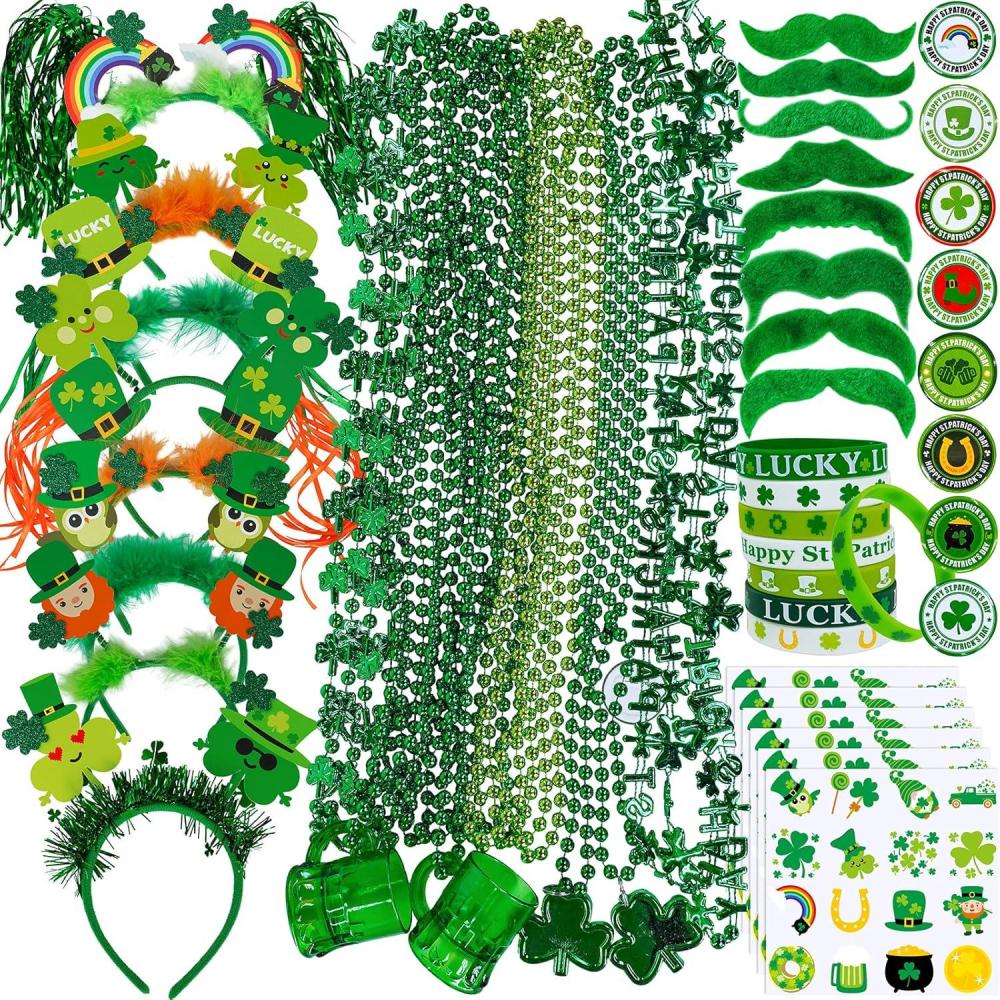 imageWinlyn 58 Pcs St Patricks Day Novelty Jewelry Assortment Necklaces Head Boppers Bracelets Mustaches Tattoos ampamp Accessories for St Pattys Day Irish Party Decor